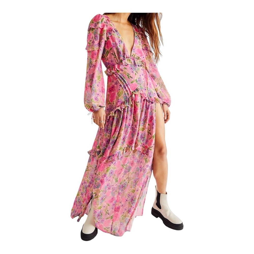 For Love & Lemons Annie Maxi Dress M Pink Floral Ruffle V-Neck Long Sleeve